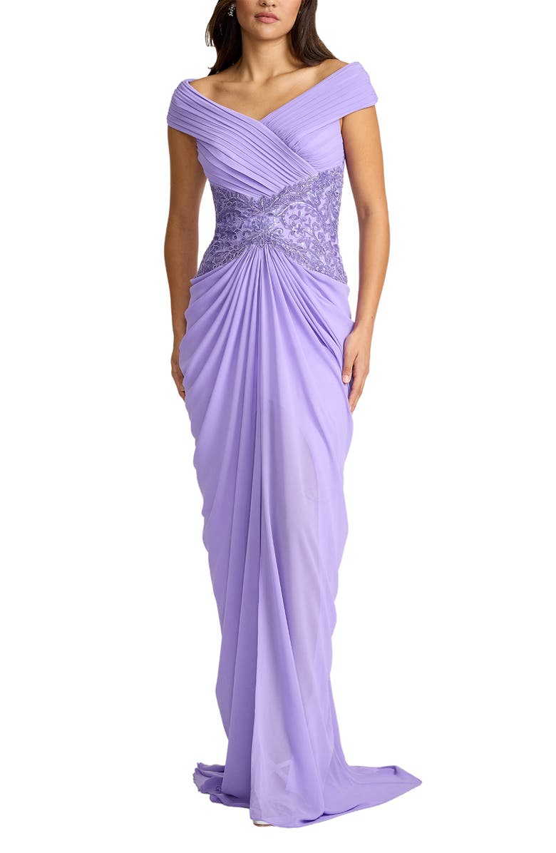 Tadashi Shoji Beaded Off the Shoulder Chiffon Gown, Alternate, color, Lavender Mist