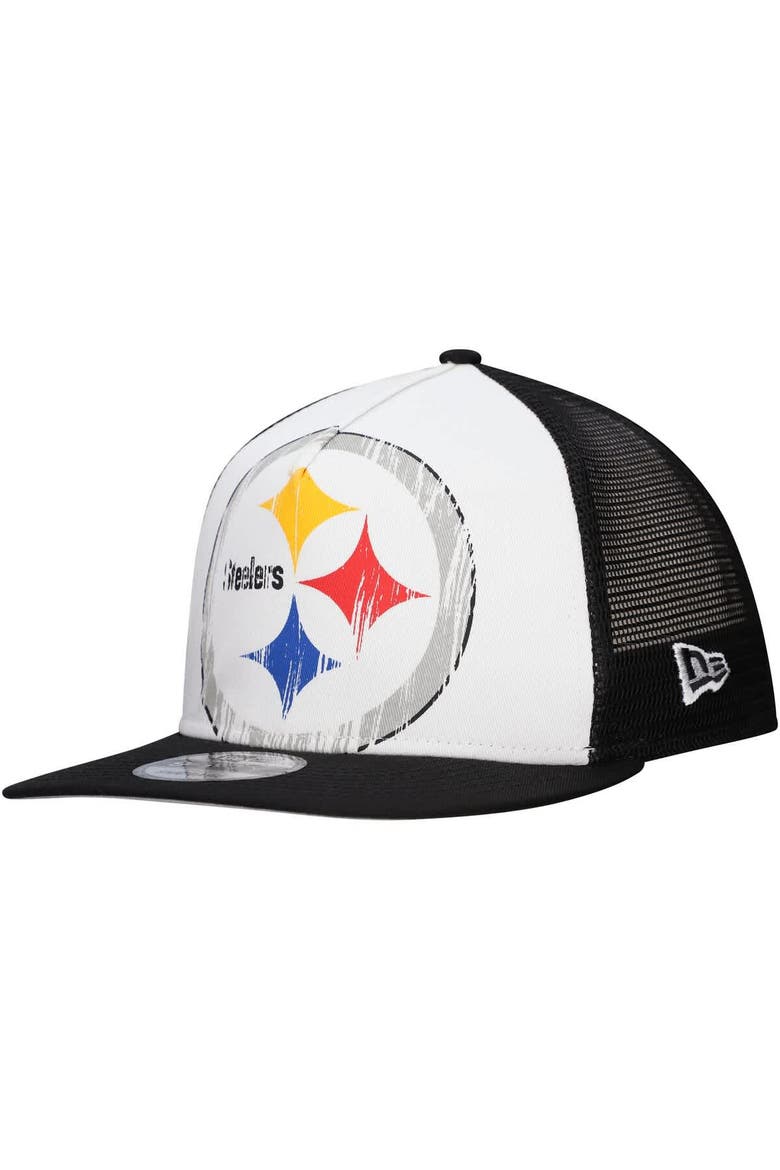 Men's New Era White/Black Pittsburgh Steelers Distressed 9FIFTY A-Frame Snapback Hat, Main, color, White
