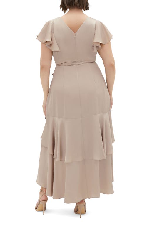 Shop City Chic Jen Ruffle Faux Wrap Satin Dress In Simply Taupe