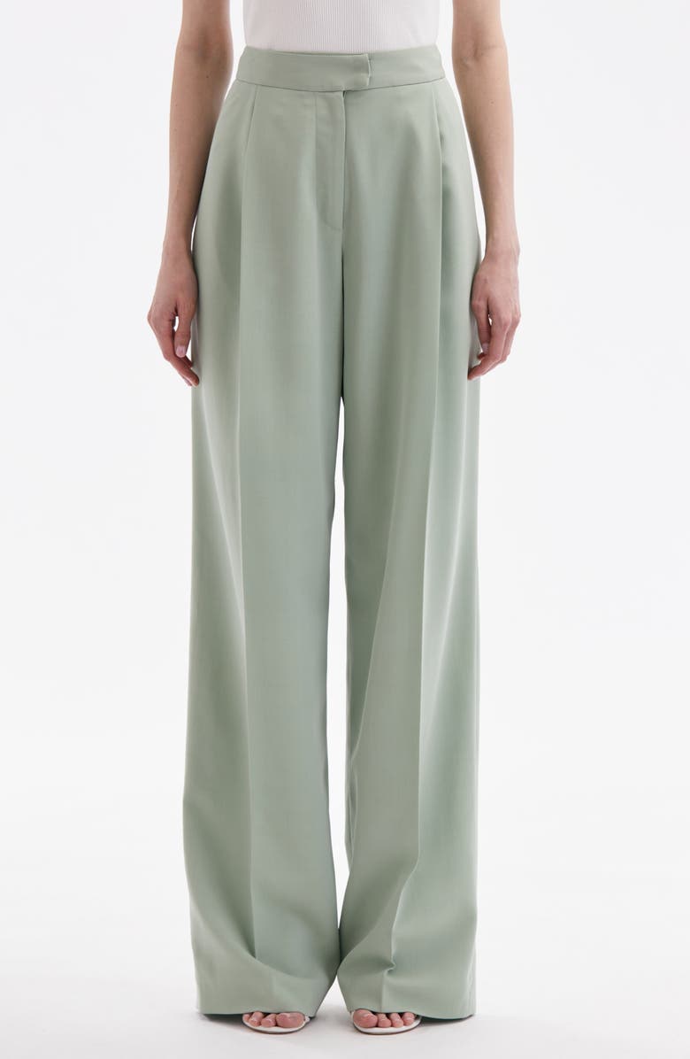 Oscar de la Renta Wide Leg Stretch Silk Georgette Pants, Main, color, Eucalyptus
