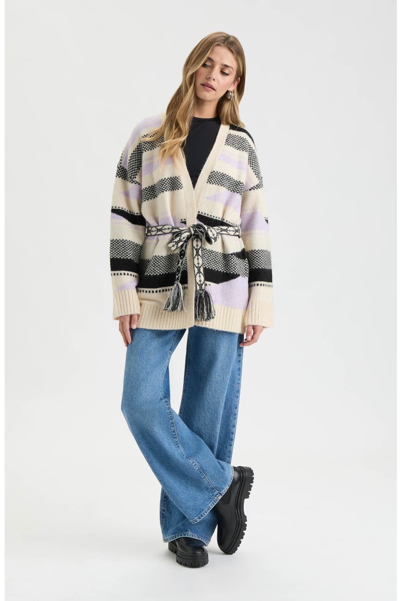 Stripe Tie Waist Jacquard Cardigan, Alternate, color, LILAC AZTEC