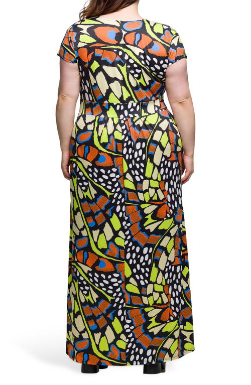24seven Comfort Apparel Plus Size Cap Sleeve V-neck Side Slit Pocket Maxi Dress In Orange Multi