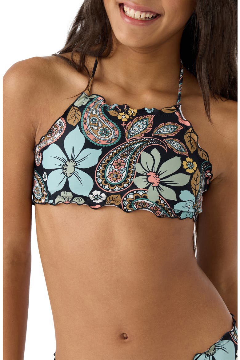 Kids' Mod Boho Ruffle Floral Two-Piece Swimsuit, Alternate, color, BLACK