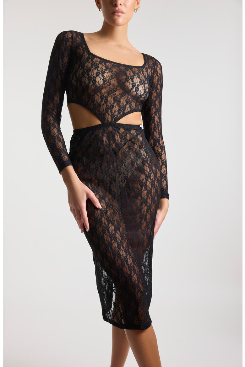 Erica Long Sleeve Sheer Lace Cutout Midi Dress, Alternate, color, BLACK
