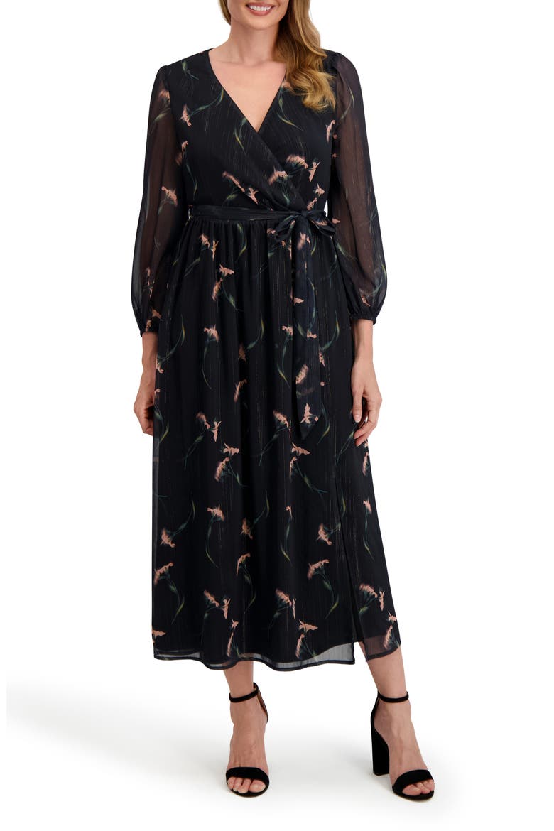 Maya Floral Long Sleeve Faux Wrap Chiffon Dress, Main, color, BLACK/ PINK
