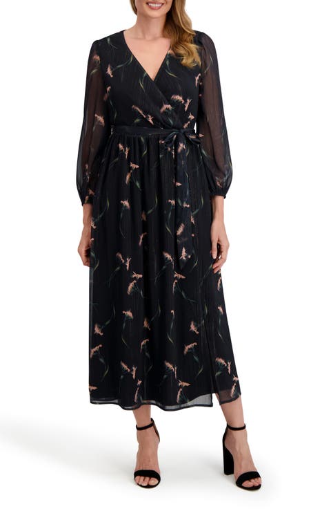 Maya Floral Long Sleeve Faux Wrap Chiffon Dress
