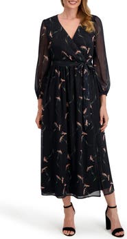 Laundry by Shelli Segal Maya Floral Long Sleeve Faux Wrap Chiffon Dress