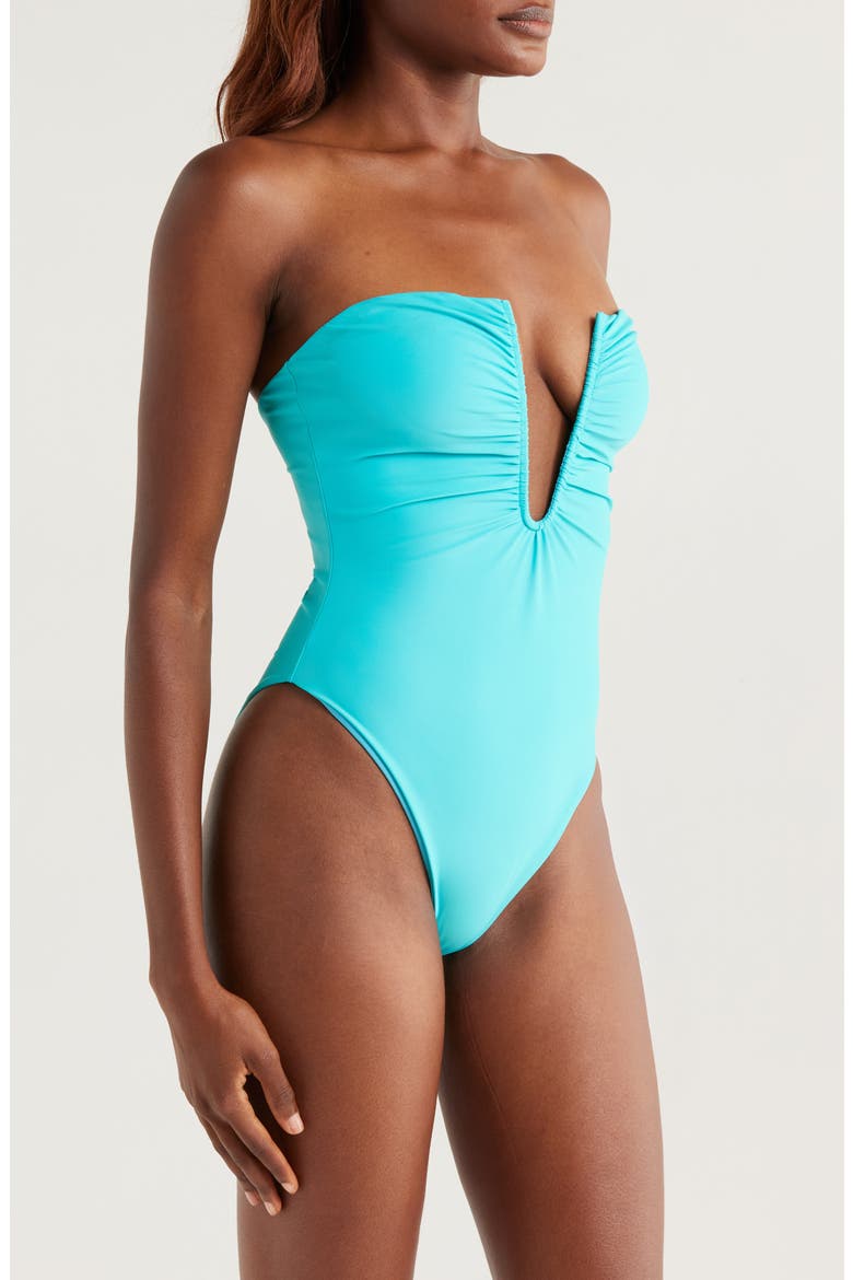 Bianka Plunge One-Piece Swimsuit, Alternate, color, BEACH BLUE