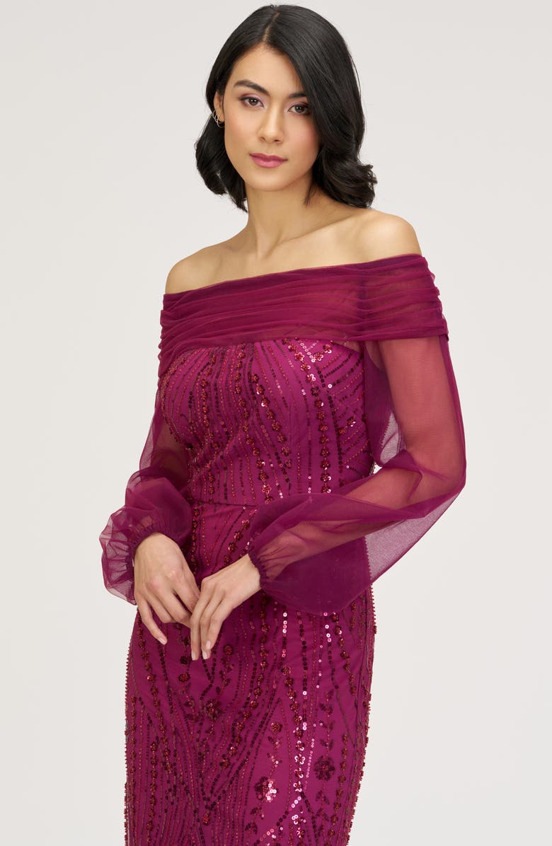 JS Collections Savannah Embellished Off the Shoulder Long Sleeve Chiffon Column Gown, Alternate, color, Raspberry