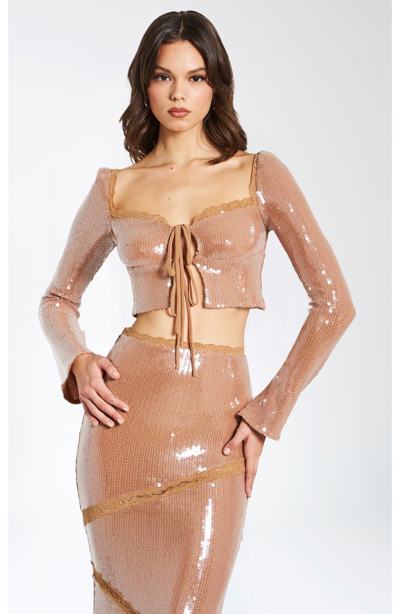 Miss Circle Ollie Sequin Lace Up Top With Lace Trim, Main, color, Nude