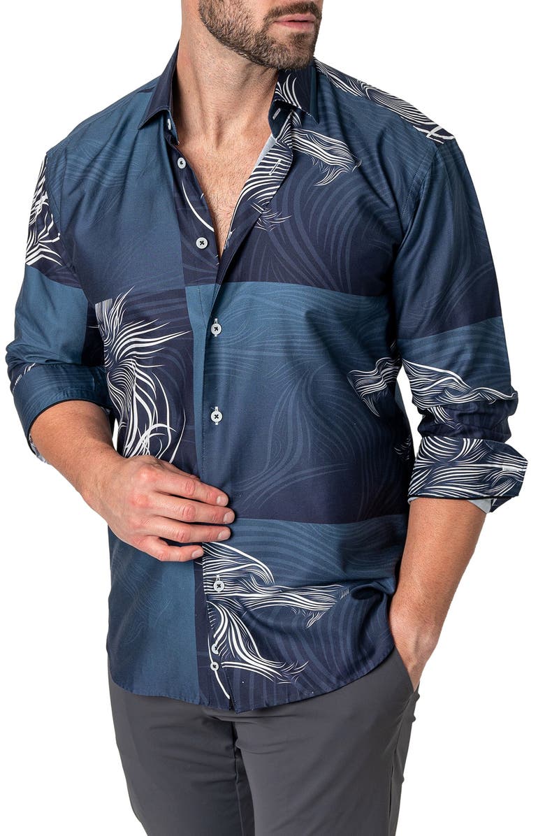 Maceoo Fibonacci Wolf Wave Cotton Button-Up Shirt, Alternate, color, Blue