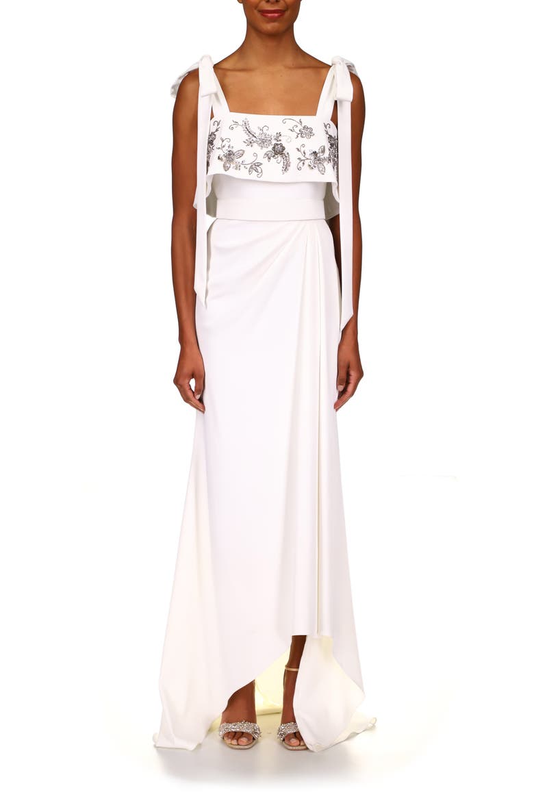 Badgley Mischka Sleeveless Crepe High/Low Gown, Main, color, LIGHT IVORY