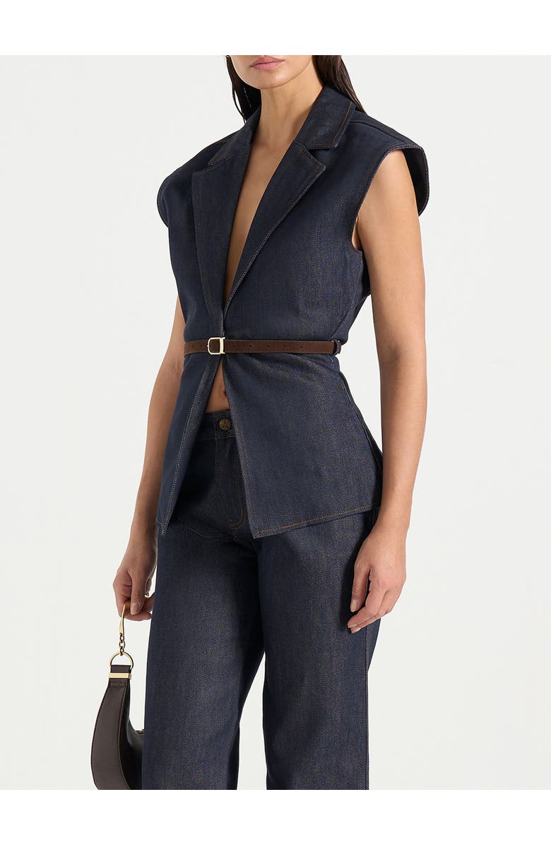 Manière De Voir Linda Denim Wide Shoulder Cinched Waistcoat, Main, color, Indigo