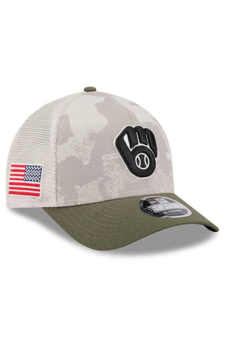 New Era Men's New Era Light Beige/Olive Milwaukee Brewers 2025 Armed Forces Day 9FORTY M-Crown A-Frame Adjustable Hat, Main, color, 