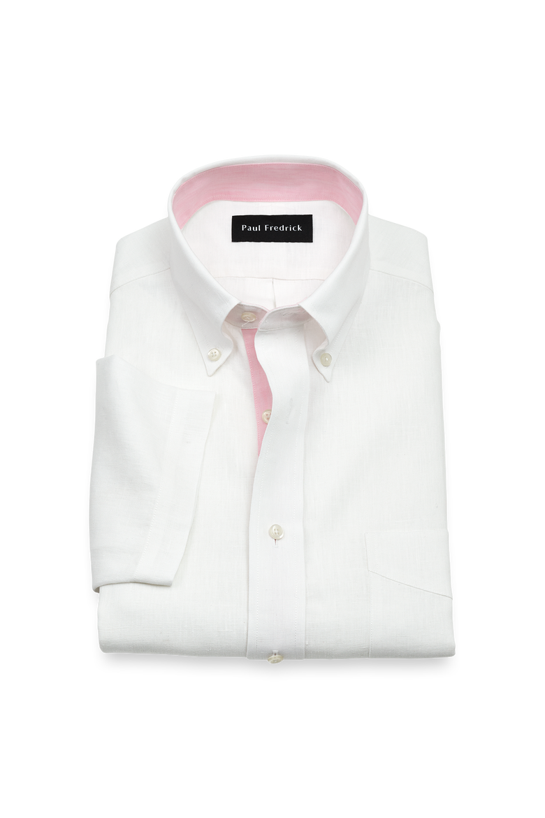 Linen Buttondown Collar Poplin Classic Contrast Trim Hemmed Sleeve Short Sleeve Shirt, Main, color, White