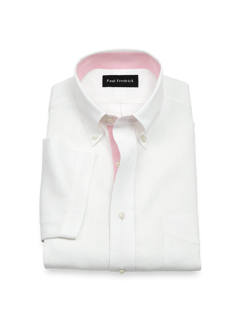 Linen Buttondown Collar Poplin Classic Contrast Trim Hemmed Sleeve Short Sleeve Shirt