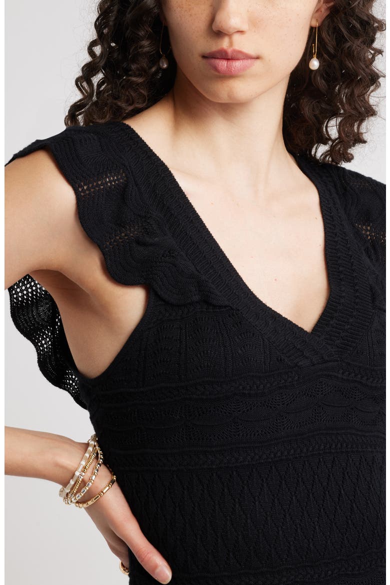 Pointelle Flutter Maxi Sweater Dress, Alternate, color, BLACK