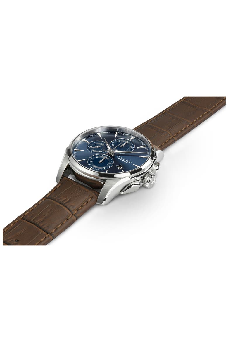Jazzmaster Multifunction Automatic Leather Strap Watch, 42mm, Alternate, color, BROWN/ BLUE/ SILVER