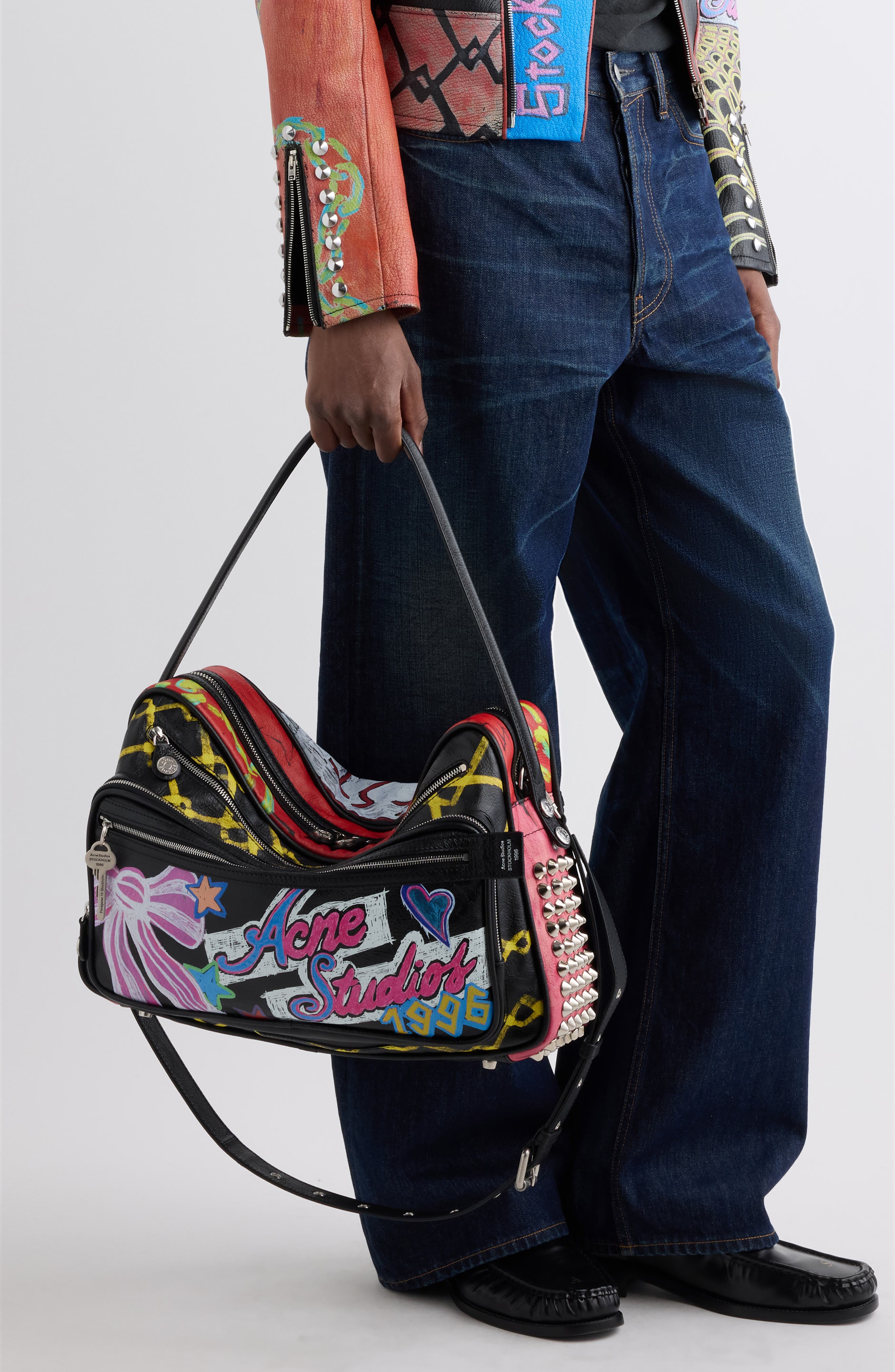 Camero Punk Print Leather Camera Bag, Alternate, color, BLACK