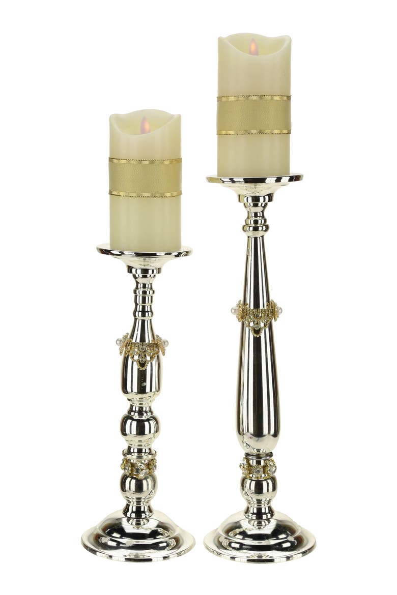 Jeweled Pillar Candle Holder, Set of 2, Main, color, Silver