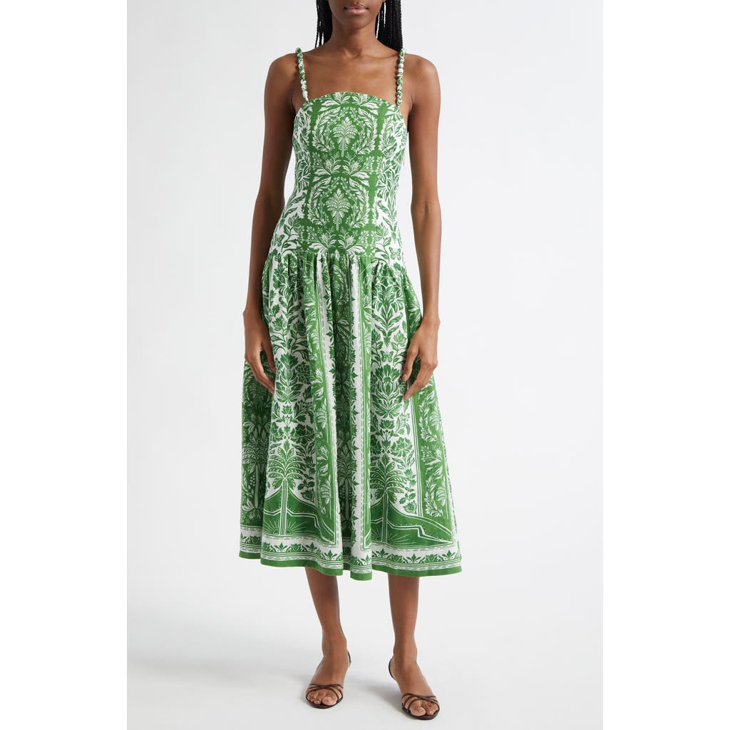 Farm Rio Green Delicate Tapestry Euroflax Premium Linen Midi Dress In Delicate Tapestry Green