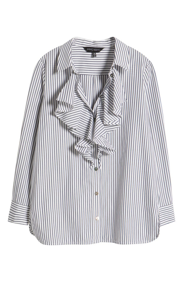Ming Wang x Tanya Foster Pinstripe Ruffle Neck Woven Cotton Shirt, Alternate, color, 