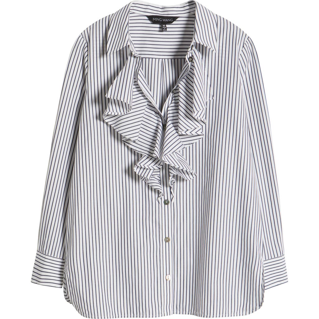 Shop Ming Wang X Tanya Foster Pinstripe Ruffle Neck Woven Cotton Shirt In White/black