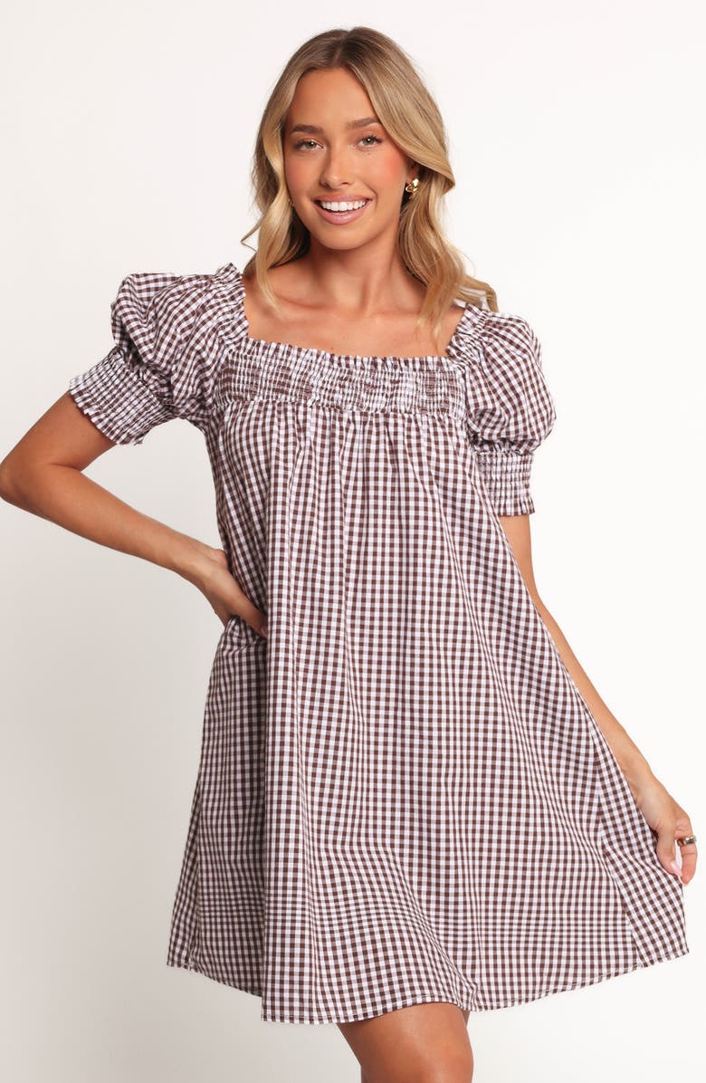 Petal & Pup Kennedy Puff Sleeve Smocked Gingham Minidress, Alternate, color, Chocolate Gingham