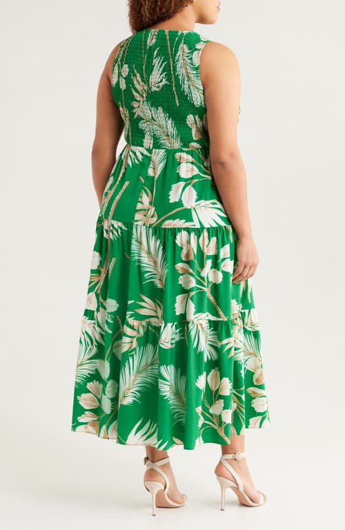 Anne Klein Palm Print Smocked Tiered Maxi Dress In Tropical Green Multi
