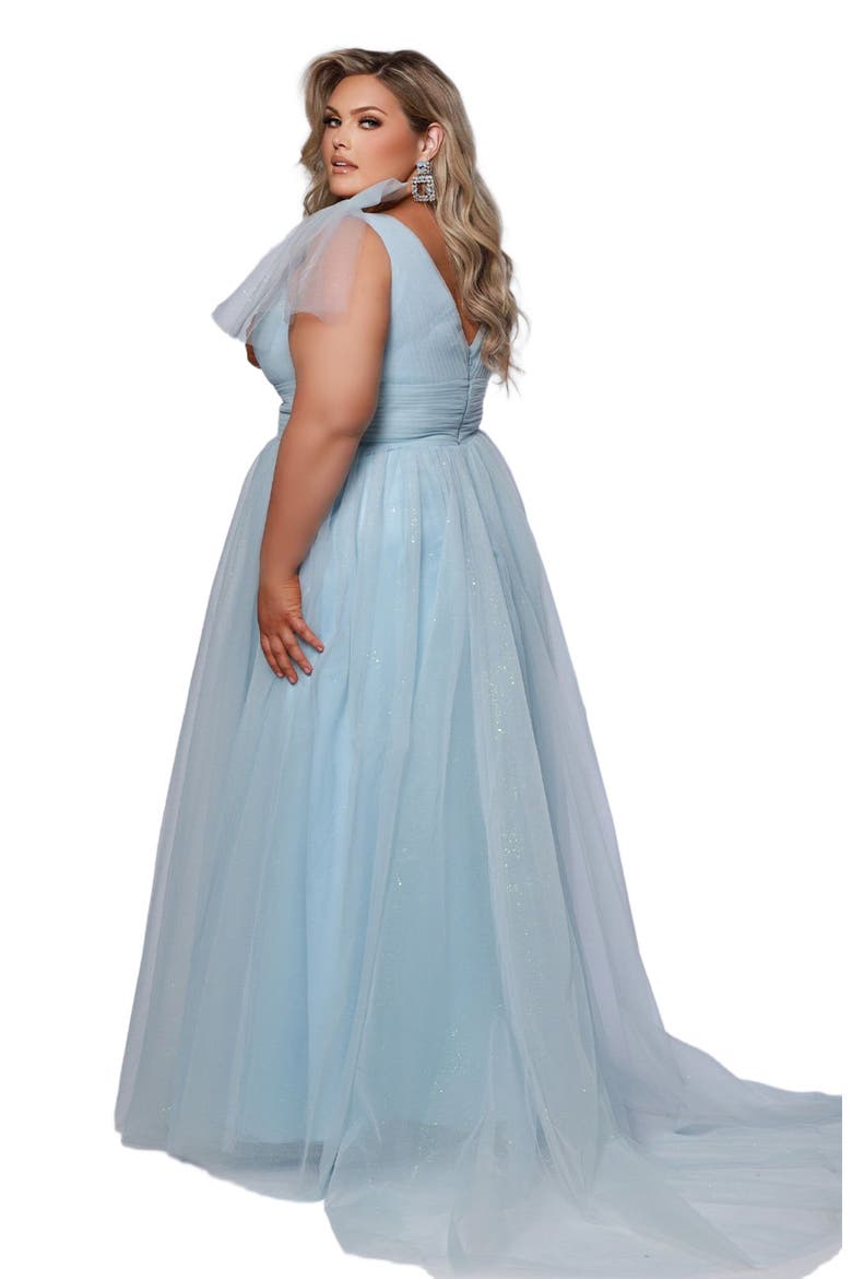 V-Neckline Bra-Friendly Plus Size A-line Gown with Bows, Alternate, color, Ice Blue
