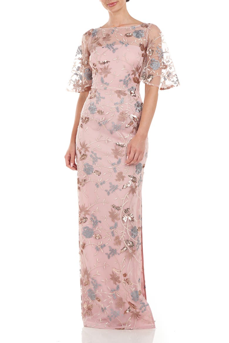 Daphne Embroidered Sequin Column Gown, Main, color, BLUSH MULTI