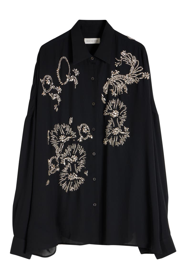 Casia Crystal Embellished Lightweight Button-Up Shirt, Alternate, color, BLACK
