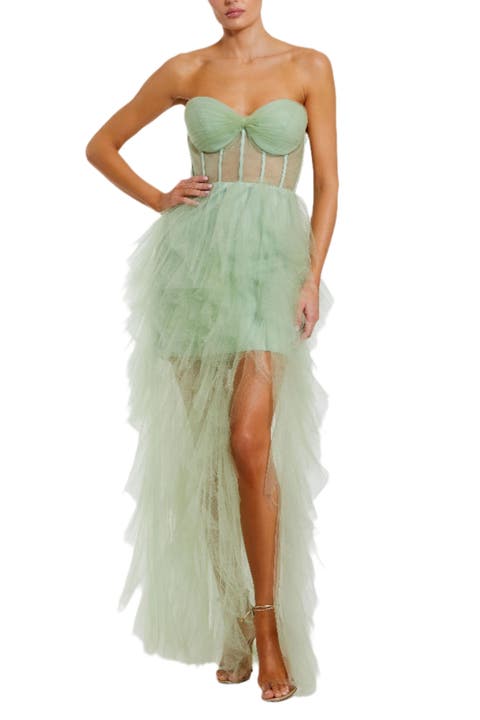 Strapless Bustier Net Gown With Spiral Ruffles