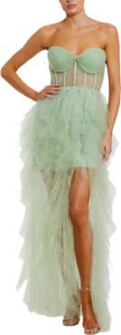 Mac Duggal Strapless Bustier Net Gown With Spiral Ruffles