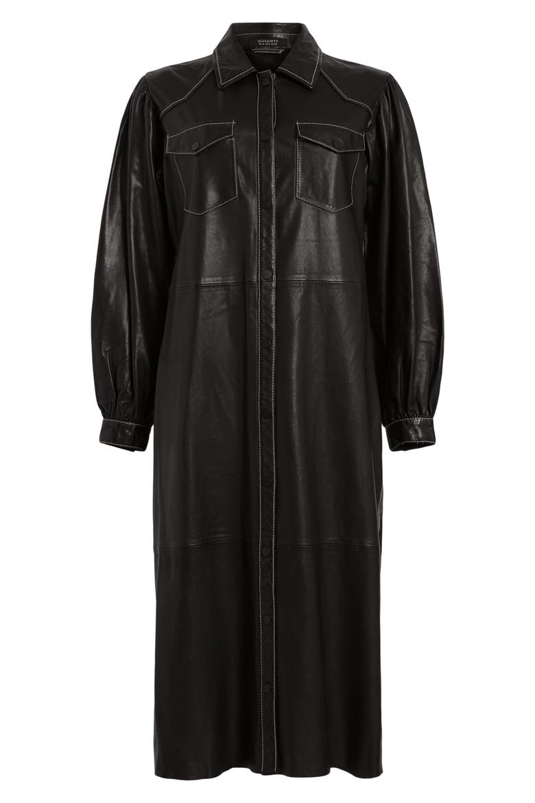Ava Long Sleeve Leather Shirtdress, Alternate, color, BLACK