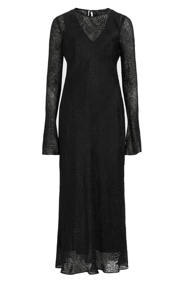AllSaints Jada Animal Print Long Sleeve Silk Midi Dress, Alternate, color, Black