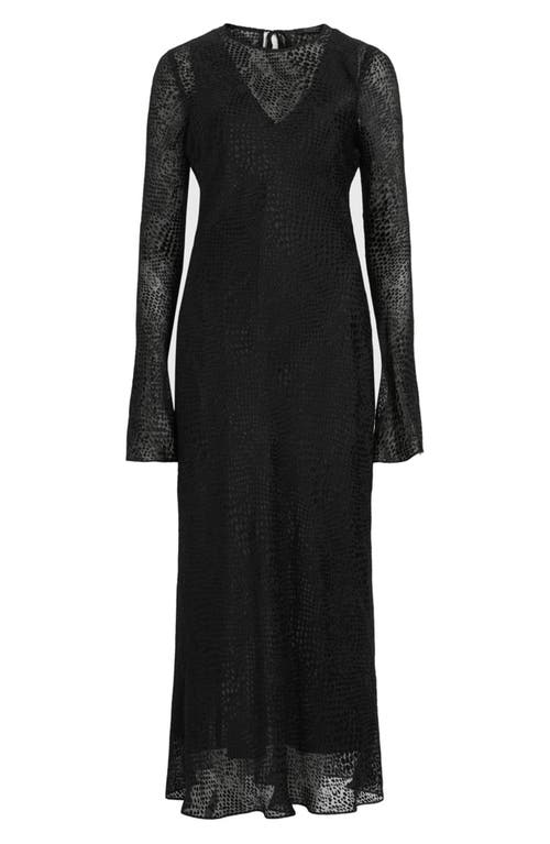 Allsaints Jada Animal Print Long Sleeve Silk Midi Dress In Black