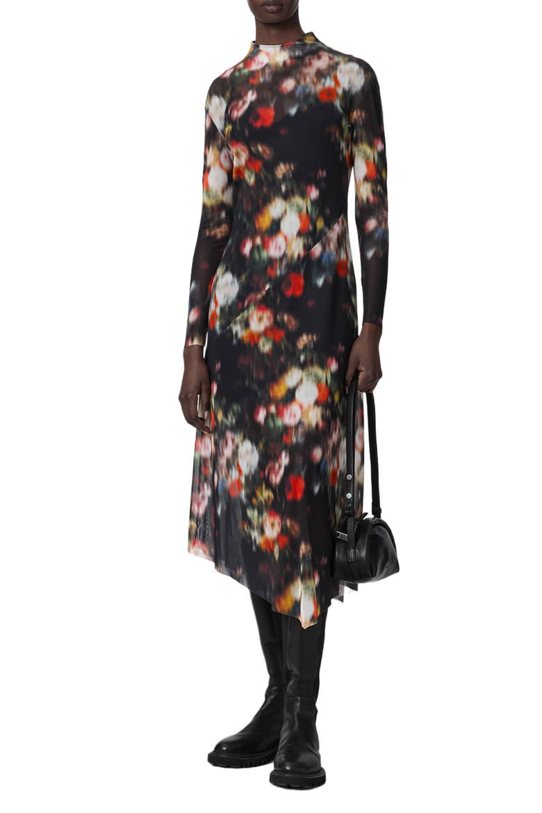 Gracie Floral Mesh Long Sleeve Midi Dress, Alternate, color, HAZED BLACK