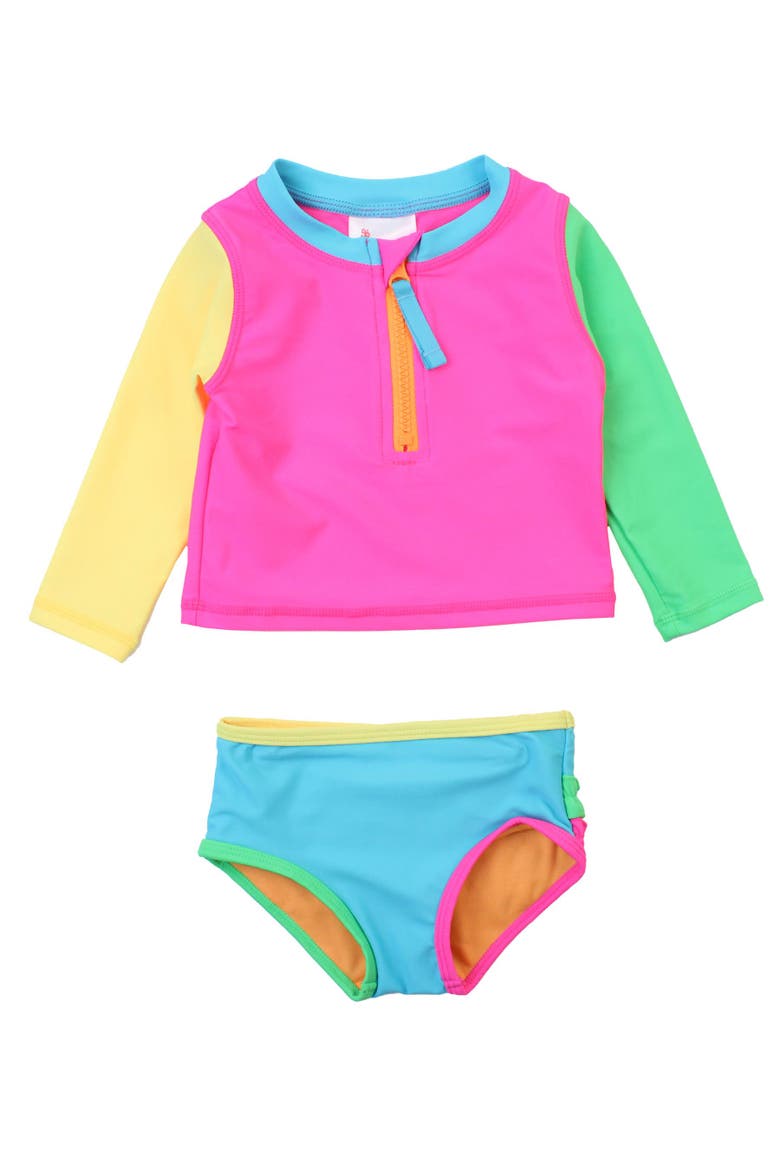 Toddler Girls UPF50+ Long Sleeve Zipper Rash Guard 2-Piece, Main, color, Neon Color Block