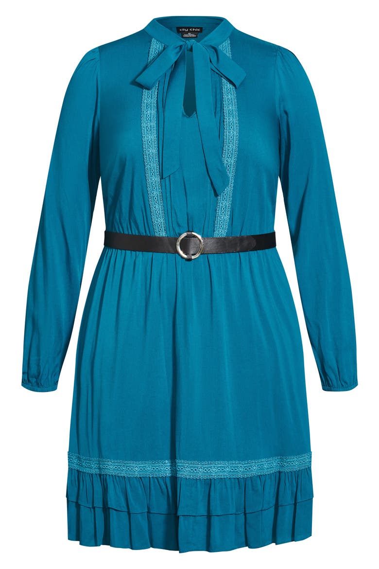 Precious Tie Neck Belted Long Sleeve Dress, Alternate, color, TEAL