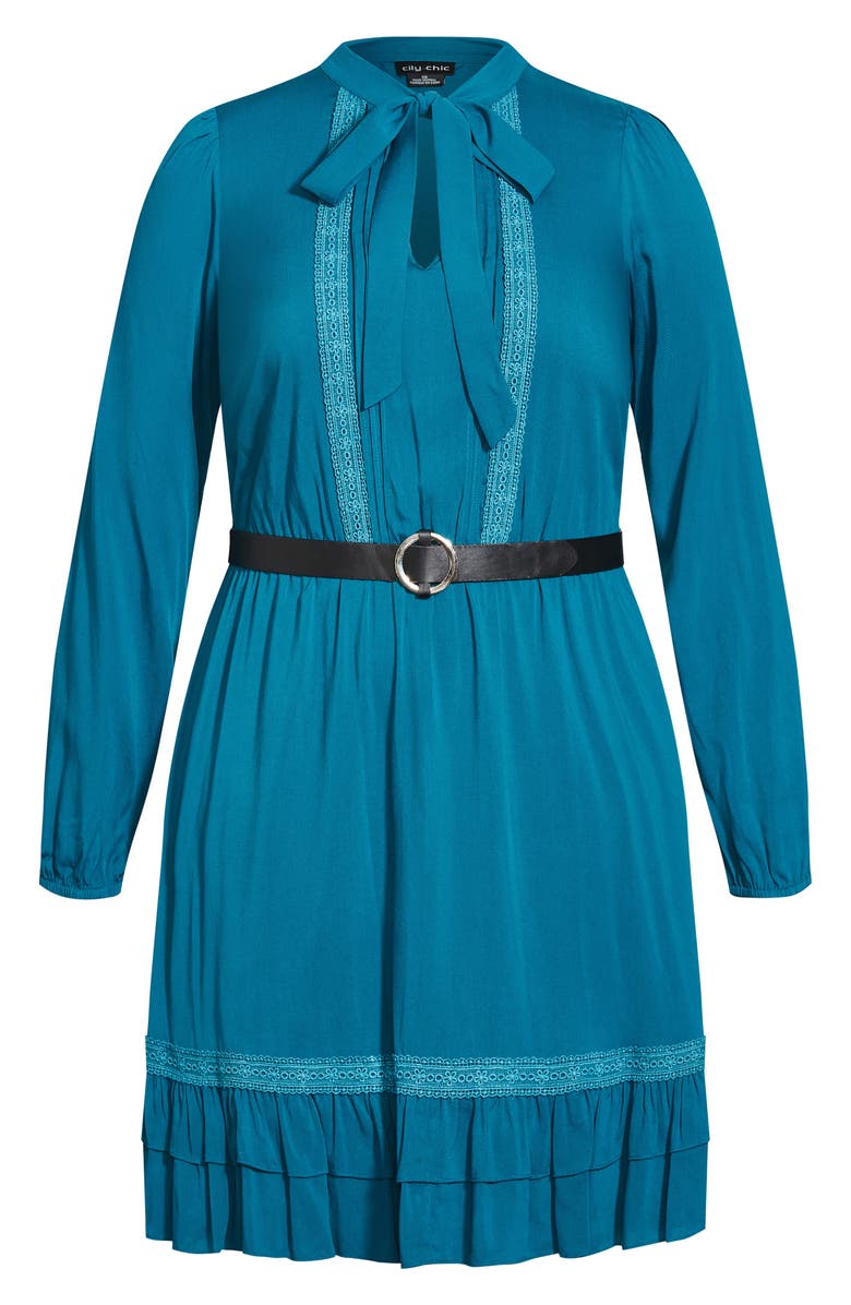 City Chic Precious Tie Neck Belted Long Sleeve Dress, Alternate, color, Teal