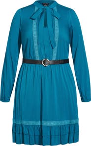 City Chic Precious Tie Neck Belted Long Sleeve Dress