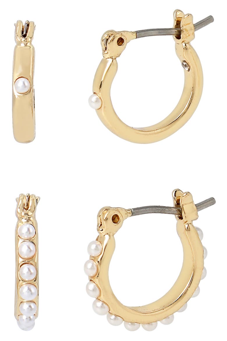 Set of 2 Imitation Pearl Huggie Hoop Earring Pairs, Main, color, PEARL/ GOLD