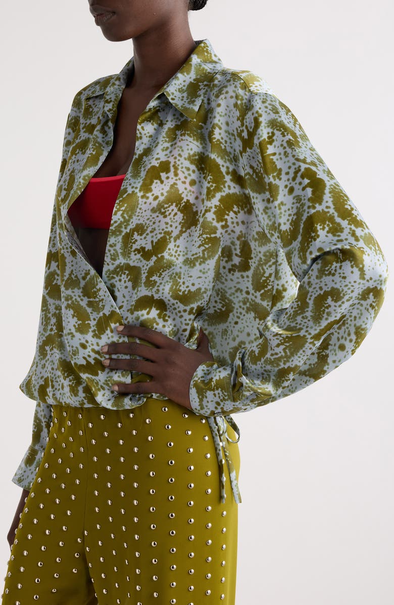 Dries Van Noten Cedal Orchid Petal Print Silk Wrap Top, Alternate, color, Khaki