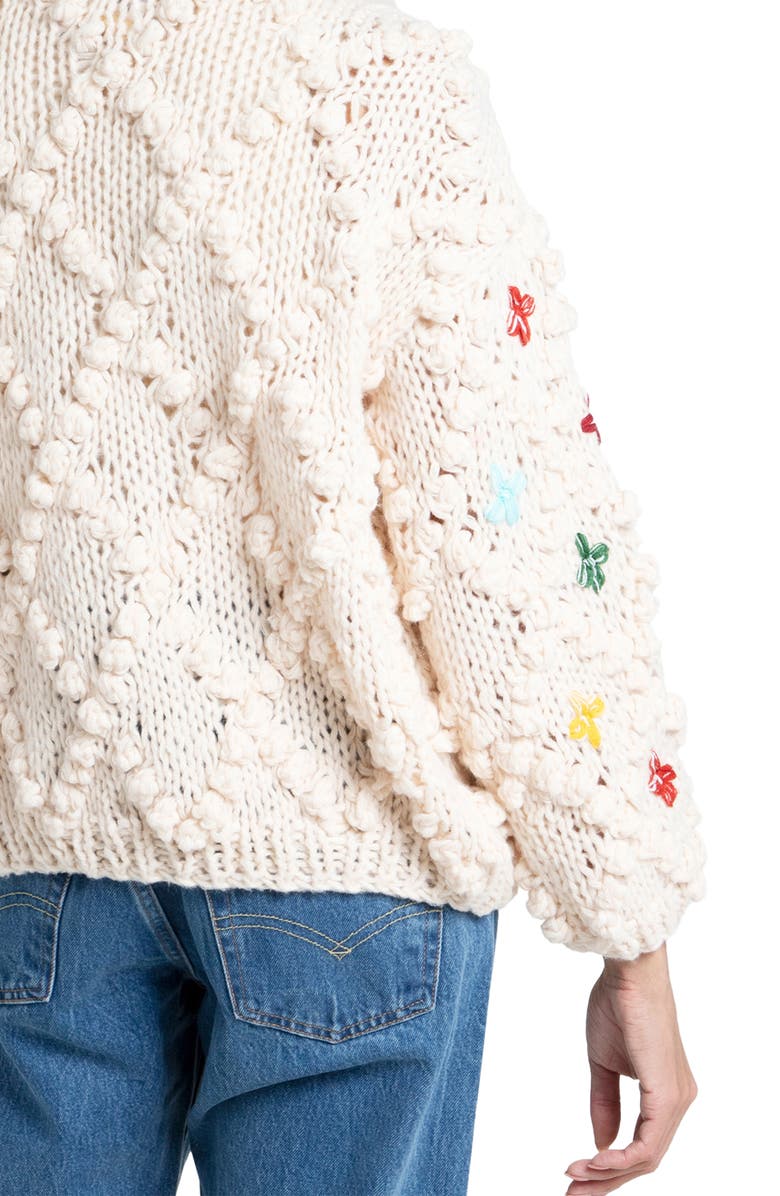SAACHI Cross Stitched Pompom Cardigan, Alternate, color, Ivory