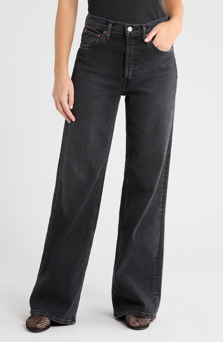 Re/Done High Waist Wide Leg Jeans, Main, color, Washed Noir