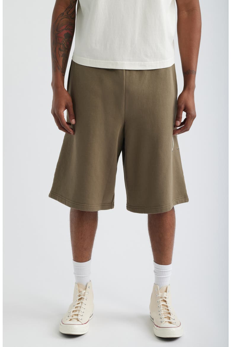 Pleated Baggy Organic Cotton Graphic Sweat Shorts, Main, color, BROWN