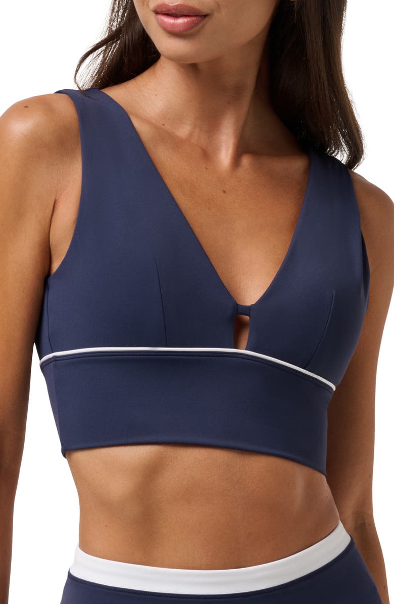 TravisMathew MoveKnit V-Neck Sports Bra, Main, color, Navy Blazer