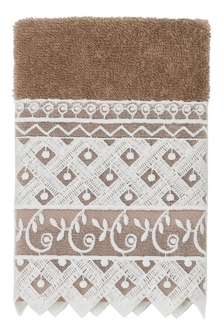 100% Turkish Cotton Aiden 3-Piece White Lace Embellished Towel Set, Alternate, color, LIGHT BROWN