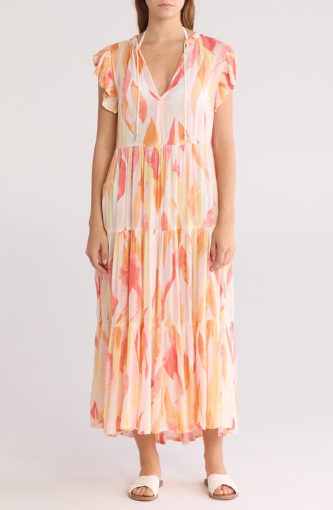 Ruffle Cap Sleeve Tiered Cover-Up Maxi Dress